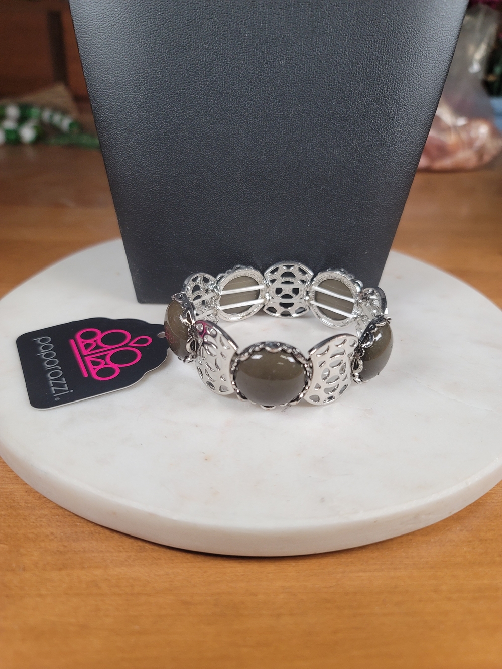 Silver Stretch Bracelet with Army Green Stones